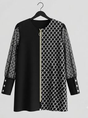 SHEILAY Black White Geometric Asymmetrical Zip Top Size L/XL